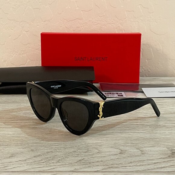 New Saint Laurent Cateye Sunglasses Black Gold YSL with Case Box - Picture 1 of 9
